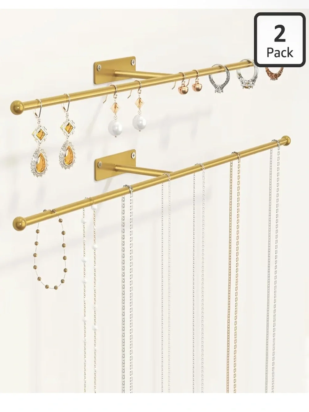 Gold Wall-Mounted Jewelry Organizer Rods - 2 Pack